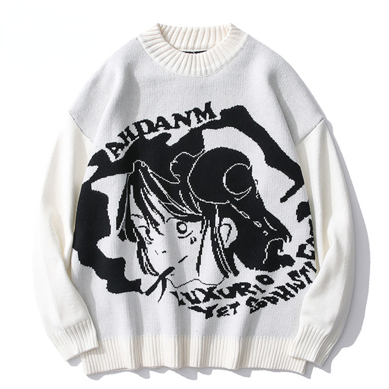 Anime Girl Sweater Men Cartoon Japanese Knitted Mens Pullover Harajuku Streetwear Oversized Sweaters Male Spring Aut